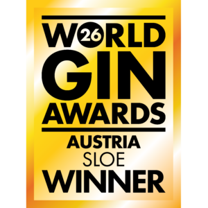 Grafik der World Gin Awards 2026 mit gelbem Hintergrund und dem Hinweis, dass der österreichische Gewinner in der Kategorie Sloe ausgezeichnet wurde.