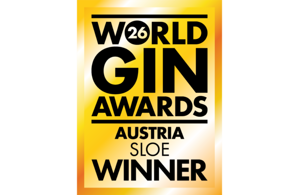 Grafik der World Gin Awards 2026 mit gelbem Hintergrund und dem Hinweis, dass der österreichische Gewinner in der Kategorie Sloe ausgezeichnet wurde.